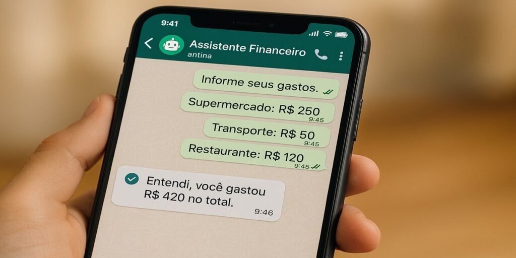 Tela de celular exibindo conversa no WhatsApp com assistente financeiro sobre gastos pessoais
