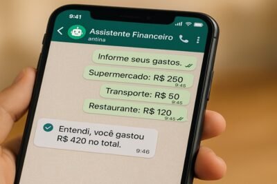 Tela de celular exibindo conversa no WhatsApp com assistente financeiro sobre gastos pessoais