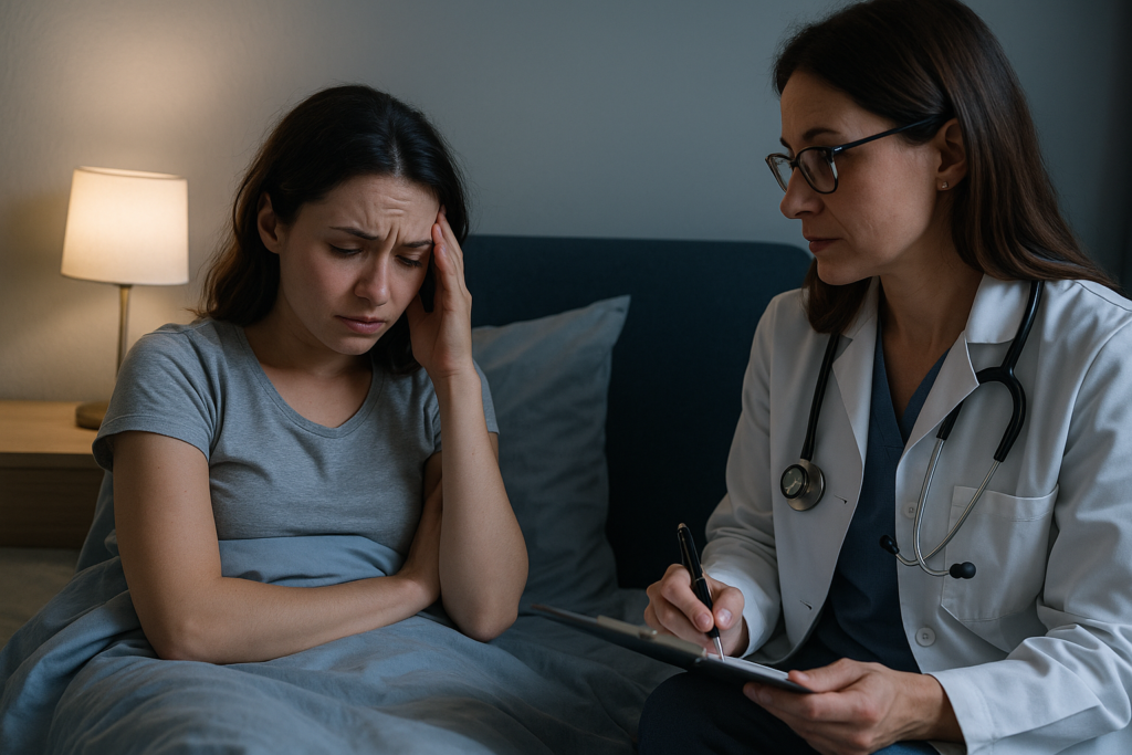 Paciente cansada, deitada na cama, relata insônia para médica neurologista em Brasília-DF, que escuta atentamente e anota informações durante a consulta.