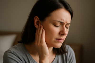 Mulher jovem de pele clara, com expressão de desconforto, pressionando levemente a lateral do ouvido com a mão, sugerindo sensação de ouvido entupido ou pressão auditiva, em ambiente claro e neutro.