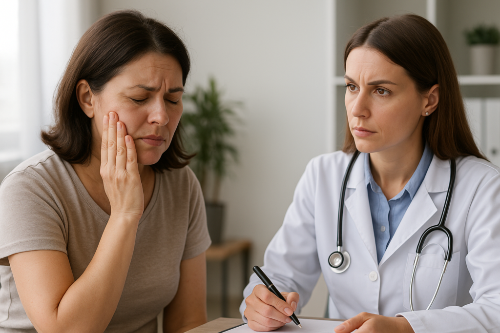 Mulher toca o rosto com expressão de dor enquanto conversa com médica neurologista em consultório moderno em Brasília-DF, durante avaliação de formigamento facial.
