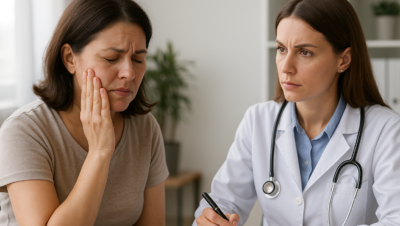 Mulher toca o rosto com expressão de dor enquanto conversa com médica neurologista em consultório moderno em Brasília-DF, durante avaliação de formigamento facial.
