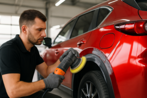 Profissional especializado em funilaria realiza serviço de recuperação moderna em veículo, utilizando ferramentas de precisão em oficina bem iluminada.