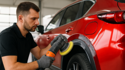 Profissional especializado em funilaria realiza serviço de recuperação moderna em veículo, utilizando ferramentas de precisão em oficina bem iluminada.