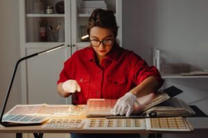 Mulher de camisa vermelha usa luvas brancas para organizar folhas de selos e álbuns sobre uma mesa iluminada por luminária, em ambiente doméstico